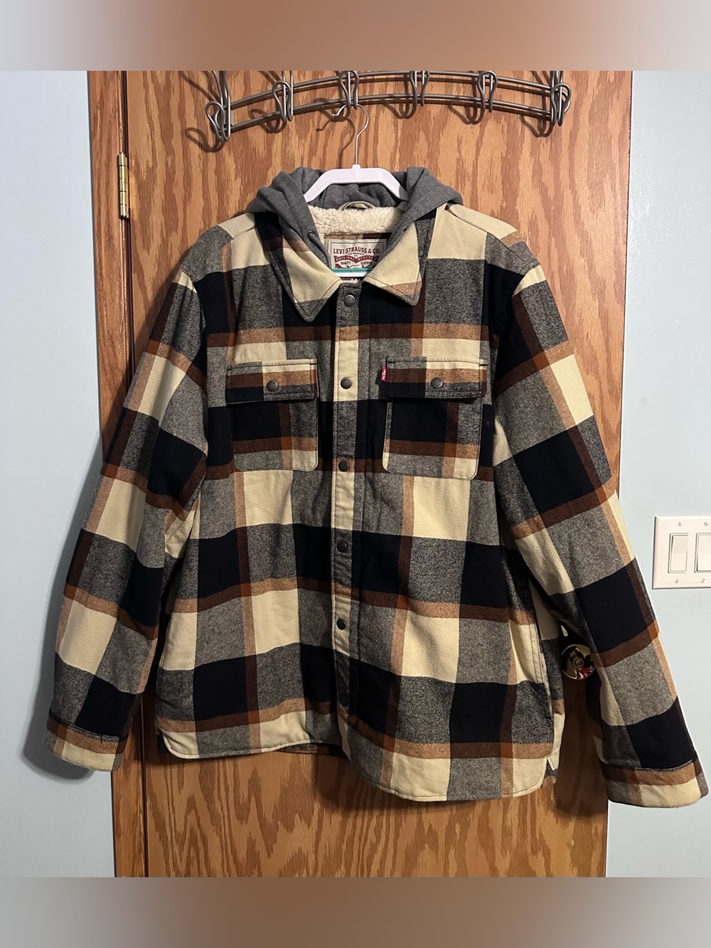 Flannel Shirt Jacket with Jersey Hood & Sherpa Lining Skateboard Plaid Size XL